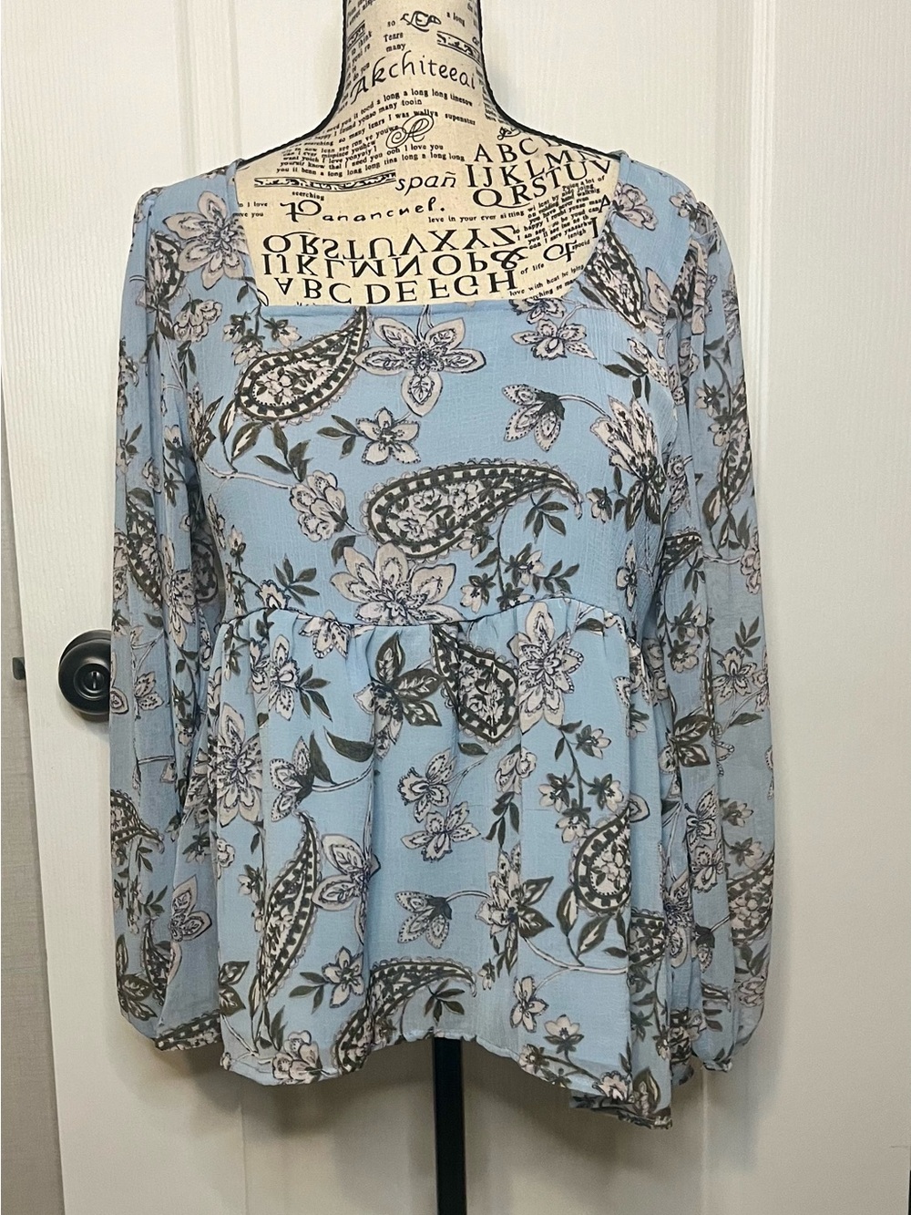 American Eagle Outfitters Light Blue Floral Paisley Peasant Top